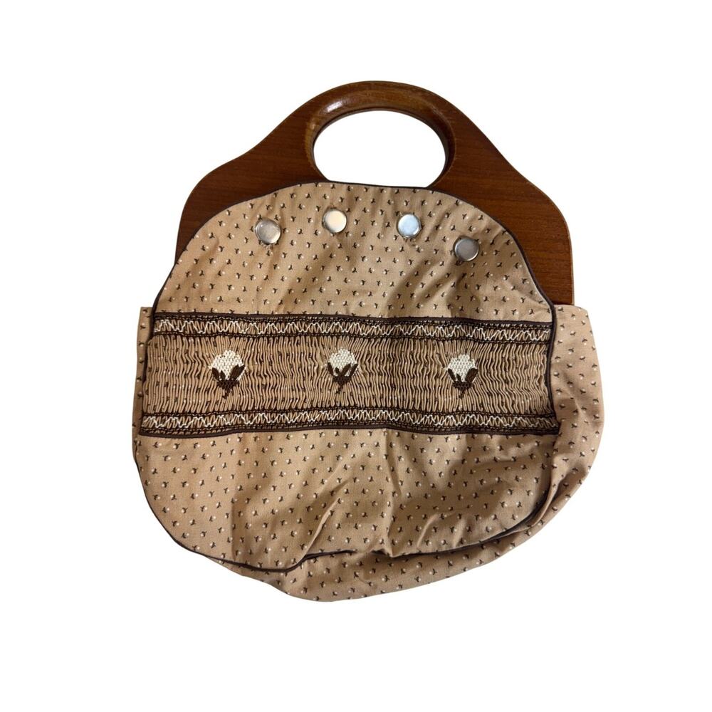Vintage Wooden Handle Purse Smocked Embroidered Cotton Handbag‎ Folk Art Cottage